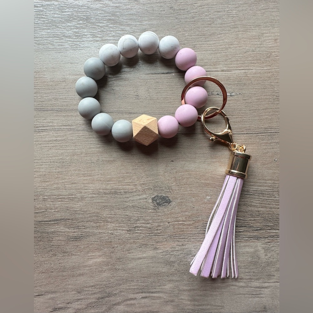 Pink and Gray Beaded Keychain Bracelet New Without Tags